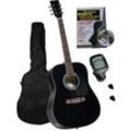 Clifton Westerngitarre Dreadnought Gitarre, Set, Komplettset; mit Stimmgerät,Tasche, Heft und CD, schwarz