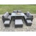 Fimous 9-Sitzer Rattan Möbel Garten Esszimmer Set Gas Feuer Pit Tisch mit Liebe Sofa 3 Fußhocker Dunkelgrau Gemischt