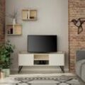 Toscohome TV-Ständer 125cm aus Holz mit 2 Türen in Weiß und Eiche - Klappe