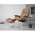 Relaxsessel STRESSLESS "Consul", braun (latte batick), B:82cm H:102cm T:72cm, Leder BATICK: BATICK ist ein leicht korrigiertes, durchgefärbtes und genarbtes Möbelleder, bei dem die meisten Unebenheiten und Spuren in der Regel entfernt wurden., Sessel, mit Cross Base, Größe S, M & L, Holzakzent Eiche