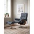 Relaxsessel STRESSLESS "Mayfair", blau (atlantic blau batick), B:83cm H:102cm T:74cm, Leder BATICK: BATICK ist ein leicht korrigiertes, durchgefärbtes und genarbtes Möbelleder, bei dem die meisten Unebenheiten und Spuren in der Regel entfernt wurden., Sessel, mit Cross Base, Größe S, M & L, Holzakzent Eiche