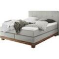 Boxspringbett HASENA "Boston", grau (grau, akazie braun), B:188cm L:210cm, Komplettbetten, Boxspringbett, Massivholz-Sockel, Punktsteppung im Kopfteil, Federkernmatratze