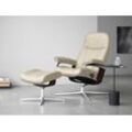 Relaxsessel STRESSLESS "Consul", beige (cream batick), B:78cm H:97cm T:70cm, Leder BATICK: BATICK ist ein leicht korrigiertes, durchgefärbtes und genarbtes Möbelleder, bei dem die meisten Unebenheiten und Spuren in der Regel entfernt wurden., Sessel, mit Hocker, mit Cross Base, Größe S, M & L, Holzakzent Braun