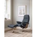 Relaxsessel STRESSLESS "Sunrise", blau (atlantic blau batick), B:79cm H:103cm T:73cm, Leder BATICK: BATICK ist ein leicht korrigiertes, durchgefärbtes und genarbtes Möbelleder, bei dem die meisten Unebenheiten und Spuren in der Regel entfernt wurden., Sessel, mit Cross Base, Größe S, M & L, Holzakzent Eiche