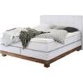 Boxspringbett HASENA "Boston", weiß (weiß, akazie braun), B:188cm L:210cm, Komplettbetten, Boxspringbett, Massivholz-Sockel, Punktsteppung im Kopfteil, Federkernmatratze