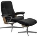 Relaxsessel STRESSLESS "Garda" Sessel Gr. Leder BATICK, Cross Base Eiche, Relaxfunktion-Drehfunktion-Plus™System-Gleitsystem-BalanceAdapt™, B/H/T: 91cm x 102cm x 79cm, schwarz (schwarz batick) mit Hocker, Cross Base, Größe M & L, Holzakzent Eiche