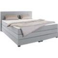 Boxspringbett OTTO PRODUCTS "Peetu", blau (graublau), B:190cm L:213cm, Struktur fein aus 100%-recyceltem Polyester, Komplettbetten, Boxspringbett, Taschenfederkern-Matratze, in 4 Breiten und 4 Farben, incl. Topper