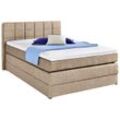 Boxspringbett HAPO, beige, Liegefläche B/L: 140cm x 200cm, kein Härtegrad, Bonnell-Federkernmatratze, Das Bett ist mit pflegeleichtem Feinstrukturstoff in Leinenoptik (100% Polyester) bezogen., Die Oberseite der Unterfederung und die Ober- und Unterseite der Obermatratze sind jeweils mit einem rutschhemmenden Stoff aus 70% Polyester und 30% Polypropylen bespannt., Komplettbetten, Boxspringbett, mi