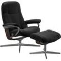 Relaxsessel STRESSLESS "Garda" Sessel Gr. Leder BATICK, Cross Base Wenge, Relaxfunktion-Drehfunktion-Plus™System-Gleitsystem-BalanceAdapt™, B/H/T: 82cm x 102cm x 72cm, schwarz (schwarz batick) mit Hocker, Cross Base, Größe M & L, Holzakzent Braun