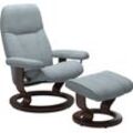 Relaxsessel STRESSLESS "Consul" Sessel Gr. Struktur fein JASMINE, Classic Base Braun, Plus™System-Gleitsystem-Relaxfunktion-Drehfunktion-Kopfstützenverstellung-Rückteilverstellung, B/H/T: 76 cm x 100 cm x 71 cm, blau (light blue jasmine) mit Hocker, Classic Base, Größe M, Gestell Braun