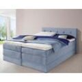 Boxspringbett HAPO, blau (hellblau), Liegefläche B/L: 200cm x 200cm, kein Härtegrad, Bonnell-Federkernmatratze, Kopfteil, seitliche Unterbox und Obermatratze sind mit pflegeleichtem Feinstrukturstoff in Leinenoptik (100% Polyester) bezogen, Die Oberseite der Unterfederung und die Ober- und Unterseite der Obermatratze sind jeweils mit einem rutschhemmenden Stoff aus 100% Polyester bespannt., Komple