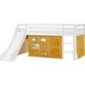 Hochbett HOPPEKIDS "«Creator Autumn Yellow»", weiß (weiß, autumn gelb, weiß, weiß), B:101cm H:9cm L:208cm, Bett: 100% Massivholz, Nordische Kiefer, Rutsche: MDF, Vorhang: 100% Baumwolle, Matratze: Waterlily-Schaum mit vertikalen Lüftungsschlitzen, Matratzenbezug: 23% Bambus, 77% Polyester, gesteppt mit Thermowolle, Hochbetten, Hochbett, Rutsche & Vorhang Gelb und viel Auswahl