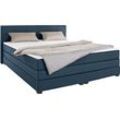 Boxspringbett OTTO PRODUCTS "Peetu", blau, B:210cm L:213cm, Struktur fein aus 100%-recyceltem Polyester, Komplettbetten, Boxspringbett, Taschenfederkern-Matratze, in 4 Breiten und 4 Farben, incl. Topper