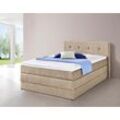 Boxspringbett HAPO, beige, Liegefläche B/L: 140cm x 200cm, kein Härtegrad, 7-Zonen-Kaltschaummatratze, Kopfteil, seitliche Unterbox und Obermatratze sind mit pflegeleichtem Feinstrukturstoff in Leinenoptik (100% Polyester) bezogen, Die Oberseite der Unterfederung und die Ober- und Unterseite der Obermatratze sind jeweils mit einem rutschhemmenden Stoff aus 100% Polyester bespannt., Komplettbetten,