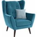 Ohrensessel ANDAS "Hemmink, Sessel, Loungesessel", blau (petrol, hellblau), B:90cm H:107cm T:94cm, Struktur (94% Polyester, 6% Polyacryl), Samtvelours (100% Polyester), Luxus-Microfaser (100% Polyester), Sessel, mit Knopfheftung