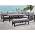 MeXo Garten-Essgruppe Ecklounge in L-Form, (Gartenmöbel Set Aluminium, 5-tlg., 3 Ecksofas, 1 Gartenbank, 1 Esstisch), Wetterfeste Loungemöbel Sitzgruppe Essgruppe Gartengarnitur, grau