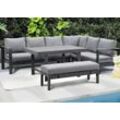 MeXo Eckbankgruppe Aluminium-Gartenlounge, (Garten-Essgruppe, 5-tlg., 3 x Ecksofas, 1 x Gartenbank, 1 x Esstisch 130 x 80 x 67,5 cm), Gartenmöbel Set Aluminium Ecklounge für 8 Personen, grau