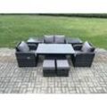 Fimous - 6-Sitzer Rattan Outdoor Möbel Garten Dining Set Patio Höhe Einstellbare Steigende Hubtisch Liebe Sofa Stuhl Mit 2 Beistelltische Hocker