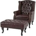 Sessel Relaxsessel Clubsessel Ohrensessel Chesterfield Oxford, Kunstleder antik-braun mit Ottomane