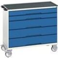 Mobiler Schubladenschrank Bott verso, 5 Schübe, bis 50 kg je Schub, Vollauszug, B 1050 x T 550 x H 965 mm, Stahlblech, Grau-Blau