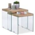 Satztisch 2er Set, massive Tischplatte, edle Glas Beistelltische, Wohnzimmer, Couchtische 40-45 cm hoch, natur - Relaxdays