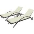 2er-Set Sonnenliege HHG-284, Relaxliege Gartenliege, Poly-Rattan braun, Kissen creme-beige