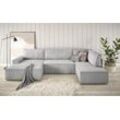 Wohnlandschaft HOME AFFAIRE "SHERWOOD XXL 329 cm, U-Form, Schlafsofa" Sofas Gr. B/H/T: 329cm x 85cm x 195cm, Cord, Recamiere links, grau (hellgrau) Schlaffunktion m. Bettkasten (194x139 cm), Cord, Vintage, Samtvelours