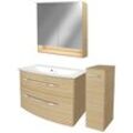 B.style Badmöbel Set mit Waschbecken mit Unterschrank 80 cm breit – Spiegelschrank Bad mit Beleuchtung und Midischrank in Holz braun –