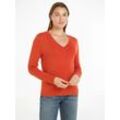 V-Ausschnitt-Pullover TOMMY HILFIGER Gr. L (40), rot (terra rot), Damen, Obermaterial: 67% Baumwolle, 33% Polyamid, Pullover mit Logo-Stickerei