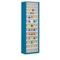 Magazinschrank, Volumen 333 l, 69 herausnehmbare Klappkästen mit Griffmulde, B 665 x T 250 x H 2000 mm, enzianblau/transparent