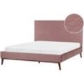 Bett Rosa Samt mit Lattenrost 160 x 200 cm Gestepptes Hohes Kopfteil Schlanke Holzbeine Glamourös Polsterbett Doppelbett Samtbett Ehebett