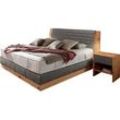 Boxspringbett ALINA "Chalet", grau (braungrau tid 18), B:223cm L:219cm, Flachgewebe TID (100% Polyester), Komplettbetten, Boxspringbett, Grand Comfort TF 1000 PM, Zirbenholz natur geölt