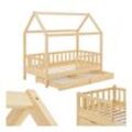 Juskys Kinderbett Marli 80 x 160 cm mit Bettkasten, Gitter, Lattenrost & Dach - Holz Hausbett Natur