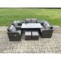 Fimous Wicker Polyrattan Möbel Garten Dining Set im Freien Höhenverstellbarer aufsteigender Tisch Liebe Sofa Stuhl mit 2 Beistelltisch Hocker