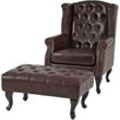 Neuwertig] Sessel Relaxsessel Clubsessel Ohrensessel Chesterfield Oxford, Kunstleder antik-braun mit Ottomane