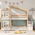 Baumhaus für Kinderbett mit Schublade und Rausfallschutz 90 x 200 cm, Kinder-Hochbett - 2x Lattenrost - Natur und Weiß