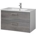 Waschtisch WELLTIME "Trento Badezimmerschrank mit Becken Bestseller", silber (eiche rauchsilber, weiß), B:80cm H:51,5cm T:47,5cm, Waschtische, Badmöbel in Breite 80 cm , Waschplatz mit 2 Schubladen, Badschrank