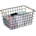 Drahtkorb, Holzgriffe, rechteckig, Gitter Design, Kleidung, Accessoires, Metallkorb, hbt: 16x31x21 cm, schwarz - Relaxdays