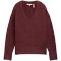 TOM TAILOR DENIM Damen Relaxed Strickpullover mit V-Ausschnitt, rot, Uni, Gr. M