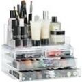 Relaxdays - Make Up Organizer mit 4 Schubladen, Kosmetik Halter Nagellack u. Lippenstift, Acryl Make Up Kit, transparent