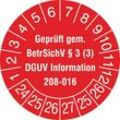 SafetyMarking 31.C2170.24-29 Prüfplakette Geprüft gem. BetrSichV §3 (3), DGUV Information 208-016 2024-2029 Rot/Weiß Folie selbstklebend (Ø) 3 cm 3 cm 500 St.