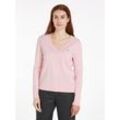 V-Ausschnitt-Pullover TOMMY HILFIGER, Damen, Gr. S (36), pink (delicate pink), Feinstrick, Obermaterial: 67% Baumwolle, 33% Polyamid, Basic, regular fit hüftlang, V-Ausschnitt, Pullover, mit Logo-Stickerei