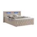 Juskys Boxspringbett Leona Samt 180x200 cm in Beige – mit LEDs, Topper & H4-Federkern-Matratzen