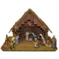 Krippe ALFRED KOLBE "Krippenstall mit Trafo", braun, B:50cm H:34cm T:30cm, Holz, Weihnachtskrippen, mit Laterne Lagerfeuer Hackstock 11 cm Figuren 11tlg.