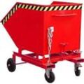 Späne-Kippbehälter Bauer SKW-ET 1000, Stahl, rot, B 1395 x T 1070 x H 1220 mm, 600 l, bis 300 kg, Rollen, manuelles Kippen, mit Einfahrttaschen