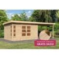 Gartenhaus KARIBU "Kolimasee 7", beige (naturbelassen), Holz, Gartenhäuser, mit Anbaudach 3,2 m, naturbelassen