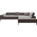 Ecksofa INOSIGN "Ancona New, wahlweise motorische Sitztiefenverstellung, auch Cord" Sofas Gr. Samtoptik, Recamiere rechts, ohne Sitztiefenverstellung, grau (stone) Ecksofa feine Steppung, mit Kopfteilverstellung, 3 Zierkissen, L-Form