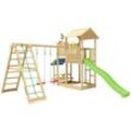 Spielturm JUNGLE GYM "Veranda", grün (hellgrün), Spieltürme, KinderB:454cm H:310cm T:437cm, Holz, Spielanlage mit Schaukel, Kletterbock und Rutsche mit Wasseranschluss, B:454cm H:310cm T:437cm