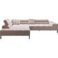 Ecksofa INOSIGN "Ancona New, wahlweise motorische Sitztiefenverstellung, auch Cord" Sofas Gr. Samtoptik, Recamiere links, ohne Sitztiefenverstellung, beige (sand) Ecksofa feine Steppung, mit Kopfteilverstellung, 3 Zierkissen, L-Form