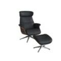 Relaxsessel FLEXLUX "Clement Relaxstuhl, Polstersessel, Liegesessel, TV-Sessel", schwarz (deep balck), B:83cm H:112cm T:125cm, 100% Echteder, Sessel, Rücken- & Kopfteilverstellung, Drehbar, Armlehne Walnuss, Fuß Alu